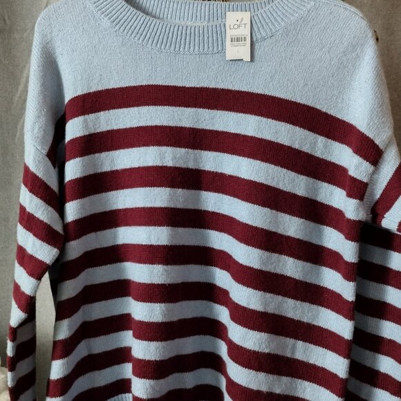 LOFT light blue and burgundy/dark red striped pullover sweater Large  NWT - Picture 4 of 10